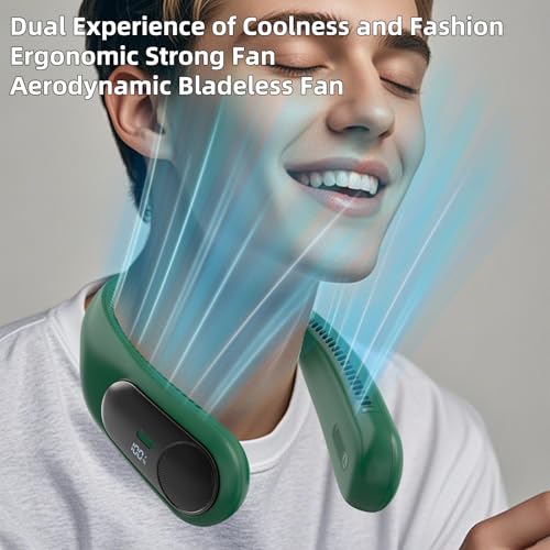 Image of Portable Neck Fan, Personal Wearable Bladeless Fan for Outdoor Indoor, LED Display, 360 Cooling, 4-Speeds, 6000mAh USB Rechargeable, Birthday Gifts for Men Women Dad Mom (Dark green)