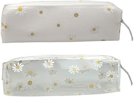 FSSTUD 2 PCS Clear Plastic Daisy Pencil Case Bag Stationery Pouch Makeup Bag Pencil Organizer for School Office