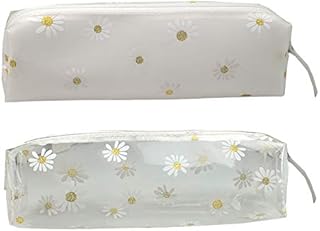 FSSTUD 2 PCS Clear Plastic Daisy Pencil Case Bag Stationery Pouch Makeup Bag Pencil Organizer for School Office