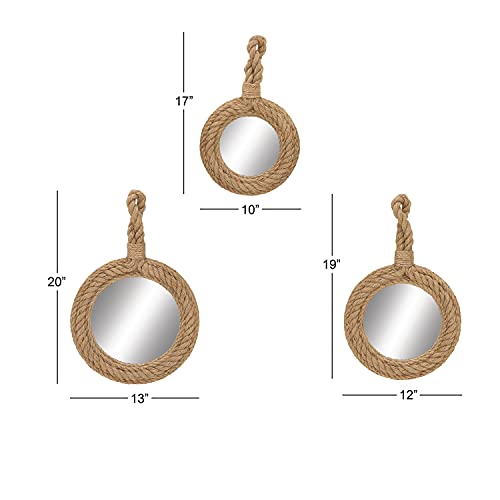 Deco 79 Jute Wall Mirror With Rope Accents, Set Of 3 17", 19", 20"H, Brown #TOP2
