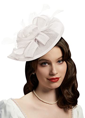 Cizoe Fascinators for Women Tea Party Hats Derby Feather Fascinator Headbands Wedding with Hair Clip(A-White)