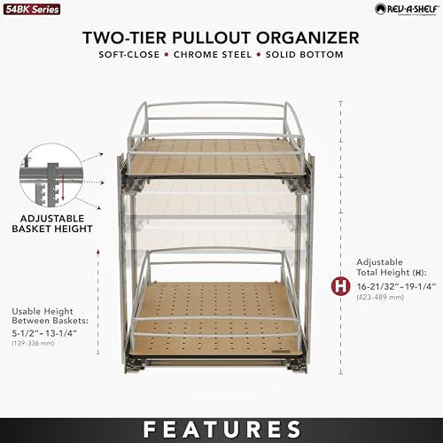 Image of Rev-A-Shelf 2 Tier Pull Out Kitchen Cabinet Storage Organizer with Solid Bottom & Undermount Soft-Close Full Extension Slides, Min Opening Width of 14 inch, 54BK-15SC-2-1