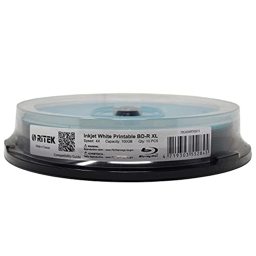 Image of 10 Pack Ritek BD-R XL BDXL 100GB Archival Grade Triple Layers 4X White Inkjet Hub Printable Blank Recordable Disc in Spindle
