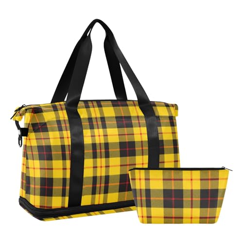 Bolsa de fin de semana a cuadros con bolsillo mojado y correa ajustable para hombres y mujeres
