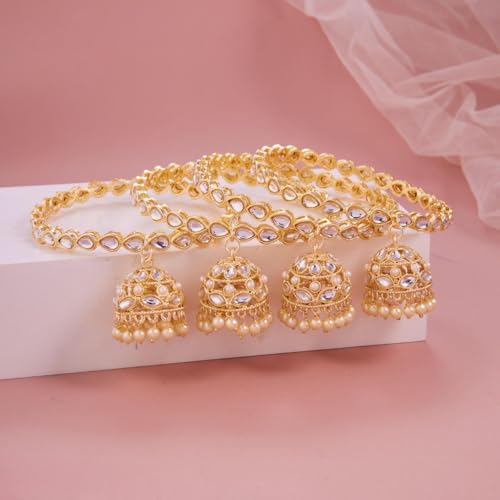Image of Gold Plated Kundan Bangle Set for Women | Teardrop Stone Bangles with Pearl Beaded Latkan Charm Ethnic Wedding Jewellery | Bangle Set of 4 for Women & Girls