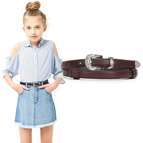 LEACOOLKEY Girls Leather Skinny Belt with Western Buckle for Dress Kids Adjustable Thin Waist Belt for Jeans