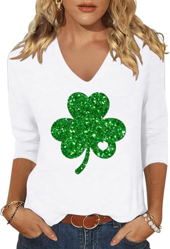 Image of Woffccrd Womens 3 /4 Sleeve V Neck T-Shirts Valentina's Day Spring Shirts Love Heart Printed Graphic Tees