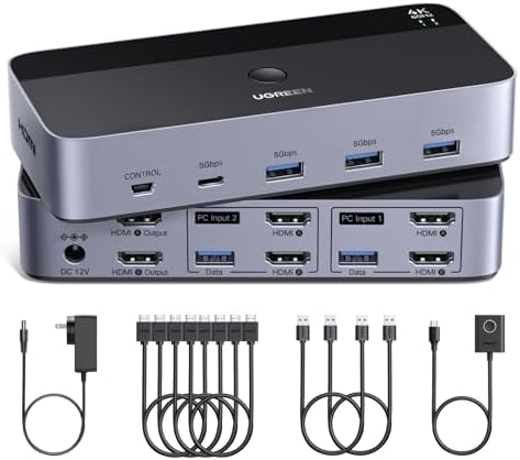 UGREEN HDMI KVM Switch 2 Monitors 2 Computers 4K@60Hz, with 4 USB 3.0 Ports for 2 Computers Sharing 2 Monitors Keyboard Mouse Printer with 4 HDMI Cables, 2 USB Cables, Power Adapter and Controller