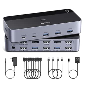 UGREEN HDMI KVM Switch 2 Monitors 2 Computers 4K@60Hz, with 4 USB 3.0 Ports for 2 Computers Sharing 2 Monitors Keyboard Mouse Printer with 4 HDMI Cables, 2 USB Cables, Power Adapter and Controller