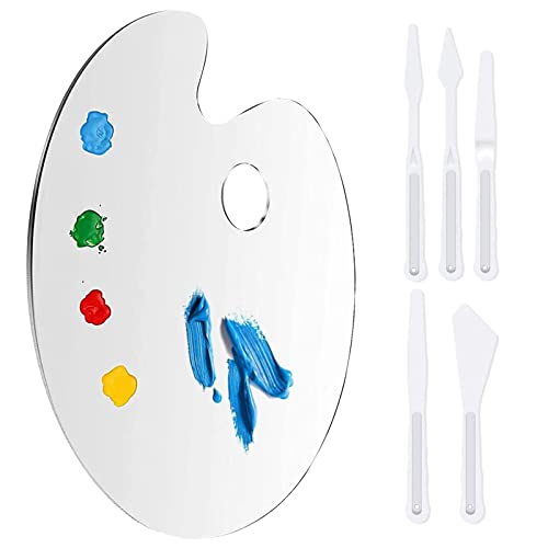 TMRBBesty Acrílico Transparente Paleta,Transparente Paleta de Colores Pintura,Paleta de Pintura Acrílica Transparente,con 5 espátulas de plástico,Acrílico,con Agujeros de Pulgar,30 × 20 cm,Oval