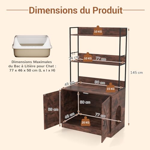 Meuble litière cachée pour chats GYMAX gris avec 3 étagères