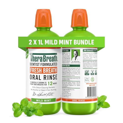 TheraBreath Oral Rinse Mouthwash, Mild Mint 2x1L - Daily Oral Mouth Rinse - Fights Bad Breath, Dentist Formulated, Alcohol-Free, Non Burning, No Artificial Colours, Powered by Oxygen