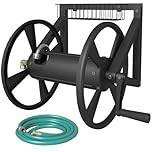 Artigarden Triangle Wall Mounted Garden Hose Reel, Outdoor Heavy-Duty Water Hoses Holder Winder, Holds 125 Ft of 5/8-Inch Hose, with 3.9 ft Leader Hose, Brass Fitting, Storage Basket for Yard, Black