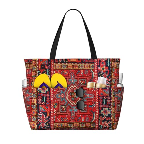 Persian Rug Design Oversized Beach Tote With Zipper Pockets – Lightweight, Washable, And Spacious Travel Bag, Beach Vacation Essentials For Women