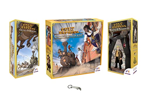 Colt Express - Cinta transportadora y tren blindada, versión francesa + Marshal y prisioneros + caballos y diligencias + 1 abrebotellas Blumie (transportadora + Marshal + Diligencia)