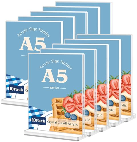 VAIIGO A5 Acrylic Sign Holder, 10Packs Poster Menu Holder for Table Double-Sided Perspex Display Stand for Restaurant Bar
