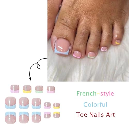 Image of Colorful Press on Toenails French Tip Fake Toenails Glossy False Toe Nails Short Square Glue on Toenails Reusable Artificial Acrylic Full Cover tick on Toes for Women Girls Manicure 24 Pcs
