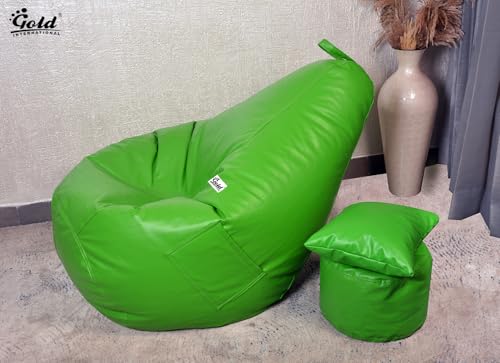 Image of Gold 3XL Bean Bag Combo with Footstool & Cushion | Faux Leather Teardrop Bean Bag for Adults & Teens | Pre-Filled with Beans | Home, Bedroom, Living Room, Office (3XL - Green)