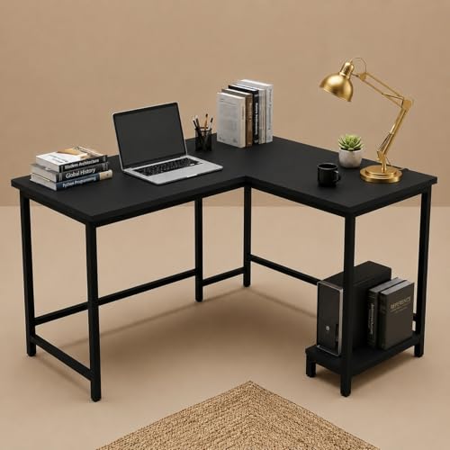 Image of L Shaped Computer Desk for Home Office | Multi-Purpose Study Table & Gaming | Engineered Wood Corner Workstation for Laptop & PC | Space Saving Desk | Black | 130X50X75cm