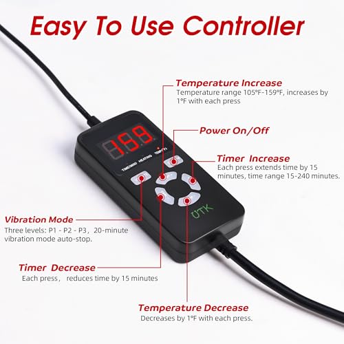 UTK Vibrating Far Infrared Heating Pad for Back Pain Relief, Hot to 159℉, Lower Back Massager Gift for Women Men, FSA-HSA Eligible, 3 Vibration, 16 Timers Auto-Off, 20 Jades, 35-55" Adjustable Size - Image 6