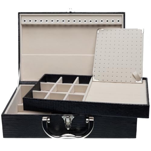 Estojo Maleta Média Dupla Porta Joias Bandeja Organizadora Bijuterias Viagem Caixa Organizadora Guarda Joias (Preto - Gelo)