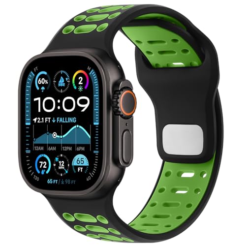 Amizee - Amizee Sport Bands Compatible with Apple Watch Band 49/46/45/44/42mm Men, Soft Silicone Breathable Replacement Strap for iWatch Ultra 3/2/1 Series 11 10 9 8 7 6 5 4 SE 3/2/1, Black/Green