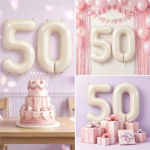 Image of Number Balloons for Birthday Decorations - 40 Inch Large Party Balloons 50, Cream Foil Number Balloons for Boys Girls, Balloons for Party Supplies