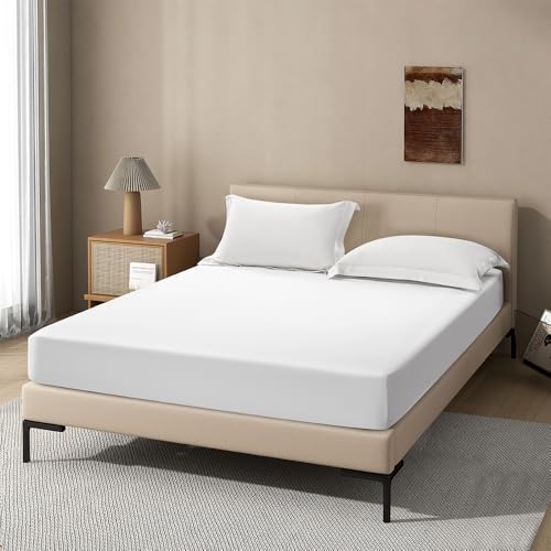 Image of White Fitted Sheet,King Size Fitted Sheet with Deep Pocket 18 inch,Ultra Soft & Breathable FittedSheet Easily Fits 18 inch to 24 inch Mattress