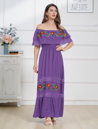 Image of ABEHIK Mexican Dress for Women Traditional Off Shoulder Embroidered Present Casual Lace Long Maxi Dress Cinco de Mayo Outfit