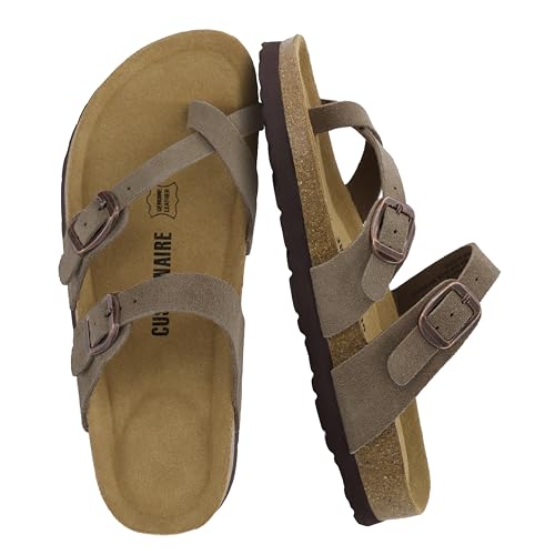 Image of CUSHIONAIRE Lucky 100% Genuine Leather Suede Womens Sandals, Comfortable Cork Footbed Slides for Women with Adjustable Buckles