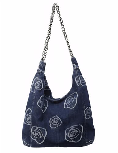 Denim Hobo Tote Bag for Women，Jean Casual Shoulder Purse with Floral Pattern、Chain Strap