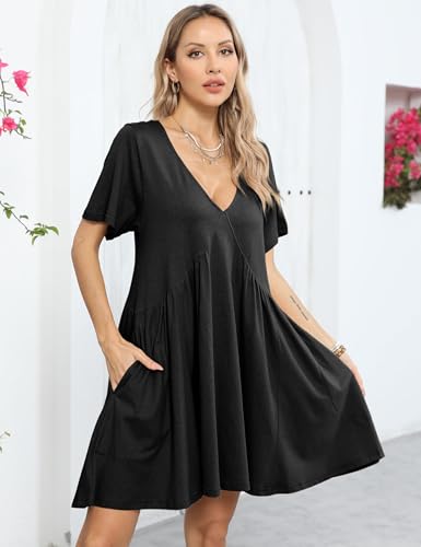 Image of Watashi Women's Summer Short Sleeve Mini Dress V-Neck Casual Loose Pleated Dress Doll Neck Short Dress with Pockets(Black-M), Medium