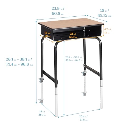 Image of ECR4Kids Mobile Open Front Desk with Metal Storage Book Box, Classroom Furniture, Oak