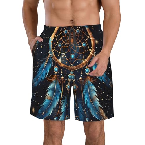 Men's Quick Dry Swim Shorts Dream Catcher Stars Feathers Native Mystic Blue Beach Trunks with Pockets