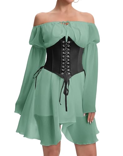 Image of Womens Green Corset Dress Off Shoulder Bell Sleeve Irregular Two Piece Outfits Bustier Dresses L