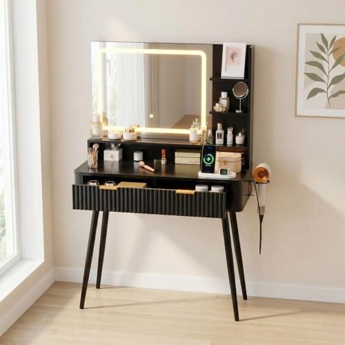 Garvee Fluted Vanity Desk with Mirror and Lights, 31 in Small Makeup Vanity Storage Cabinet & 2 Drawers, 3 Lighting Modes, Stylish Dressing Table for