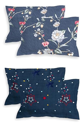 Image of RD TREND Pillow Cover Set of 2 | 210 TC Premium Glace Cotton | Soft & Breathable | Floral Printed Design | Standard Size 18x28 Inches | Bluestar & Grey | 4 Pcs