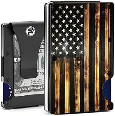 Coukula Men Minimalist Wallets for Men - Front Pocket Money Clip - Aluminum Credit Card Holder - RFID Blocking Slim Metal Wallet for Travel Business - Vintage Wood American Flag Artcraft