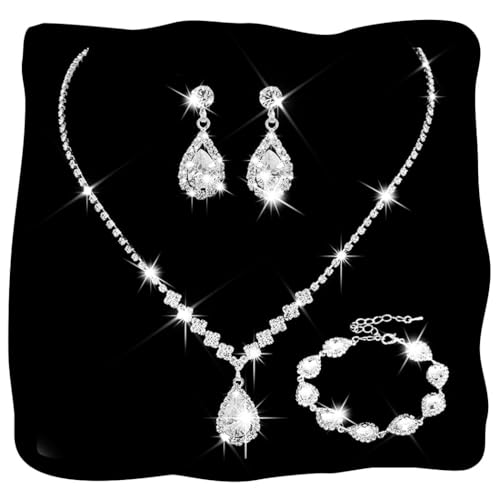 Unicra Rhinestone Necklace Earrings Bracelet Set Silver Bridal Wedding Jewelry Sets Prom Costume Jewelry Set for Women and Brides (D-3 Pack Silver Necklace Bracelet Earrings)