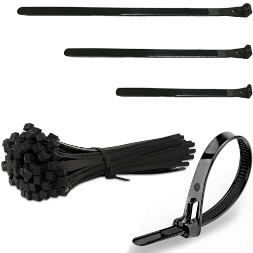 250 bridas reutilizables y resistentes, bridas de nailon fuerte de 7,5 mm, liberables, fuertes, duraderas, duraderas, de 150 mm, 200 mm, 300 mm, color negro