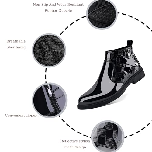 Men's Patent Leather Chunky Heel Chelsea Boots with Side Zipper Retro Round Head Square Texture Warm Plush Lining Business Formal Short Boots3