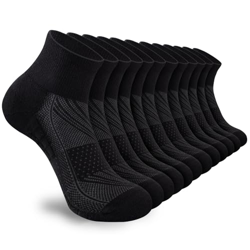 SukModen Ankle Running Socks Womens 6/12 Pairs Cushioned Athletic Sport Quarter Socks Breathable Moisture Wicking Light Compression Black 8-11