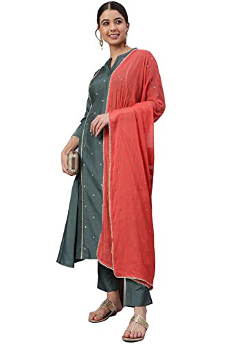 Image of Janasya Women's Dark Green Poly Silk Embellished Kurta with Pant and Dupatta