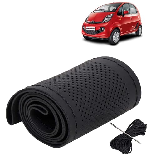 Image of KINGSWAY PU Leatherite Car Steering Cover Sewable Compatible with Tata Nano (Year 2008 Onwards), Black Color with Black Thread, Pack of 1 with Sewing Needle and Thread