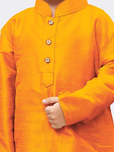 Image of VASTRAMAY Boys' Saffron Silk Blend Kurta Pyjama Set with Muslim Prayer Cap & Full-Length Slip-On Pyjama with Elastic Waistband - Ethnic Wear for Eid