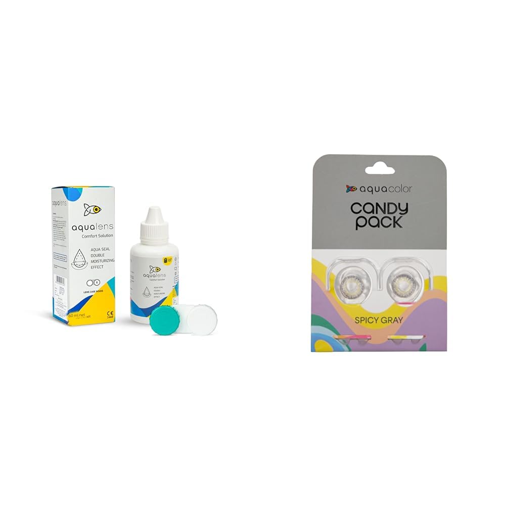 AQUALENS CONTACT LENSES Comfort Contact Lens Solution 60ML - Pack of 1 (Lens Cases Free) & Aquacolor Spicy Grey Candy Pack Zero Power Colored Lenses (2 Lens/Box)
