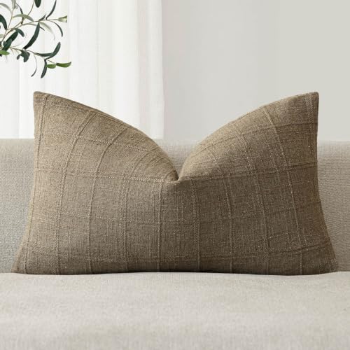 Image of Foindtower Set of 1 Decorative Linen Check Throw Pillow Cover Neutral Farmhouse Lumbar Cushion Cover Modern Boho Home Decor for Sofa Chair Couch Bedroom Living Room,12x20 Inch,Light Brown