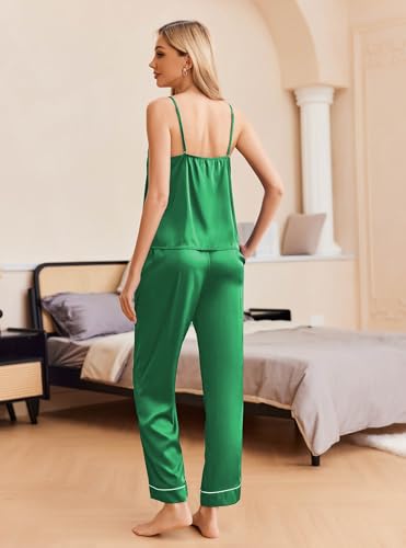 Image of Ekouaer Women Silk Satin Pajamas Sleeveless Pjs Set 2 Piece Summer Loungewear Sleepwear with Pockets S-XXL
