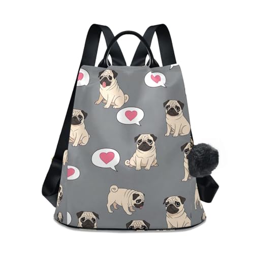 Mochila antirrobo gris de mujer para viajar segura con diseño de pugs