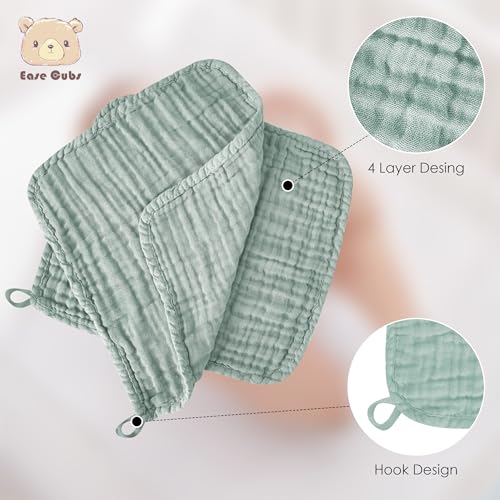 Image of Ease Cubs 12 Pack Muslin Washcloths for Baby - 100% Cotton Baby Wash Cloths for or Baby Face Body Comfy and Soft for Newborn Infants Kids Girls and Boys - 12 inchx12 inch - Green